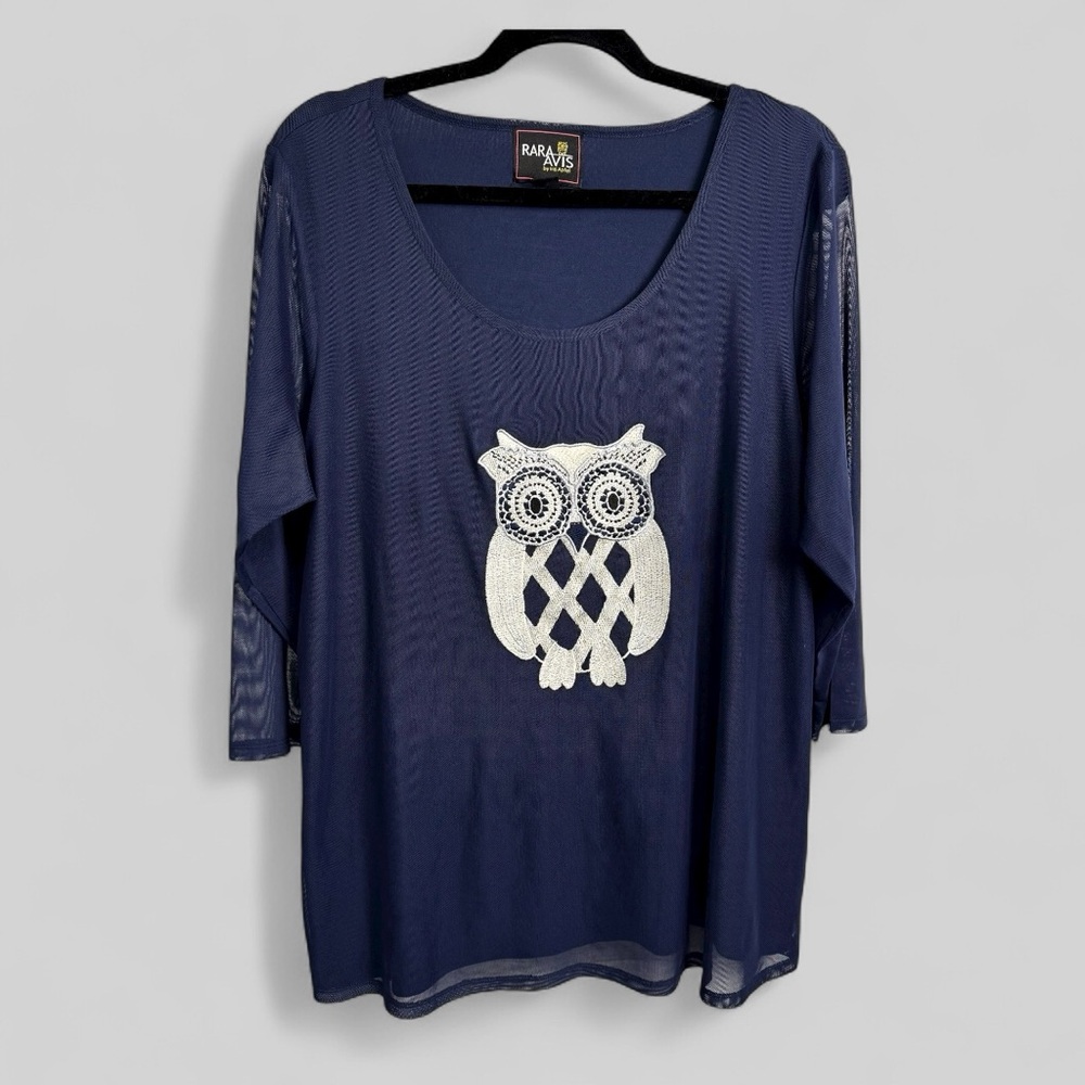 Rara Avis by Iris Apfel navy blue owl graphic size 1X plus dark academia top
